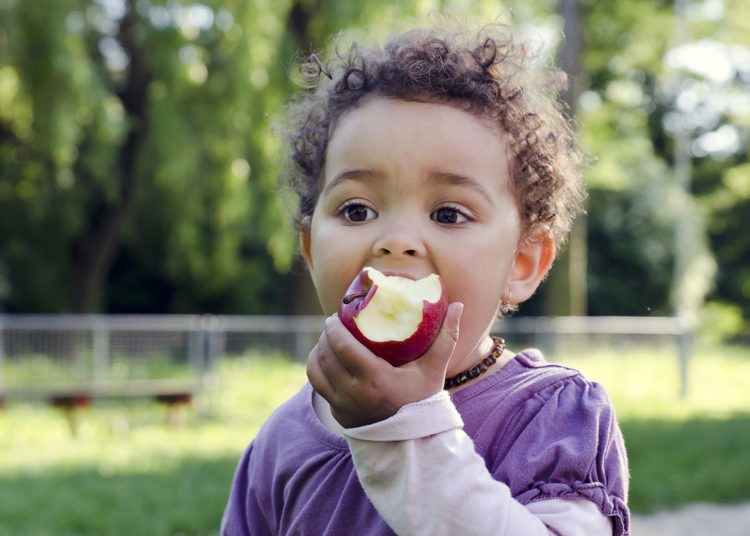 little boy eating apple